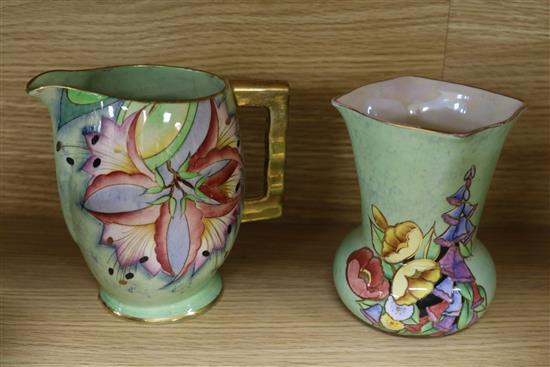 A group of Carlton Ware 1930s lime green ground pottery comprising six vases, a dish and a jug tallest 18cm